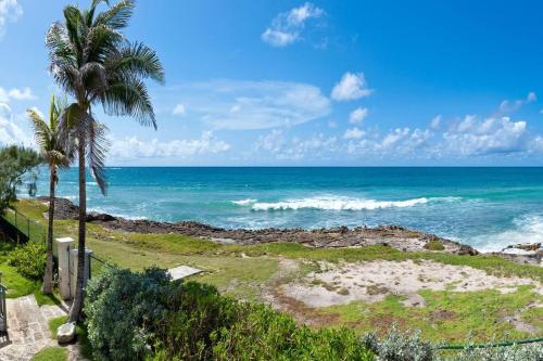 una playa con una palmera y el océano en Emily House Blue Sky Luxury, en Christ Church