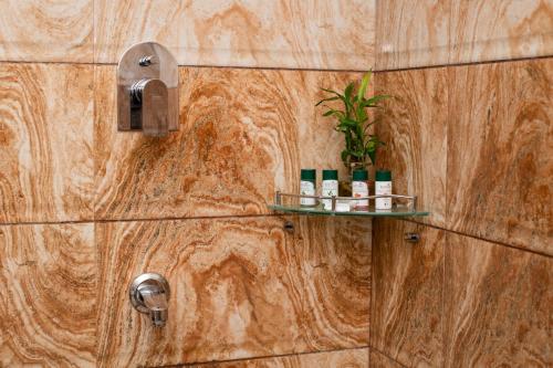 a bathroom with a wooden wall with a shelf with products at The Fern Residency Katra in Katra