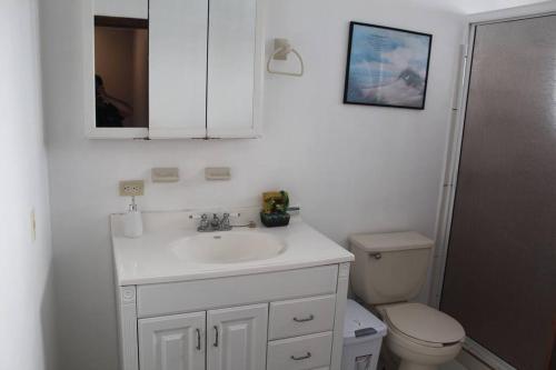 a bathroom with a white sink and a toilet at Spacious Rooftop House w/ King Bed in Tijuana