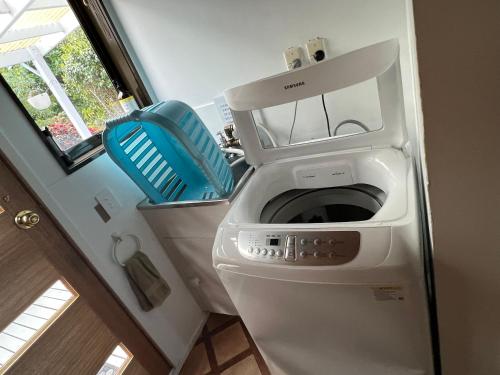 a washer and dryer in a small room at Pointy Bird, Tranquility, rejuvenating,pets welcome in Hamurana