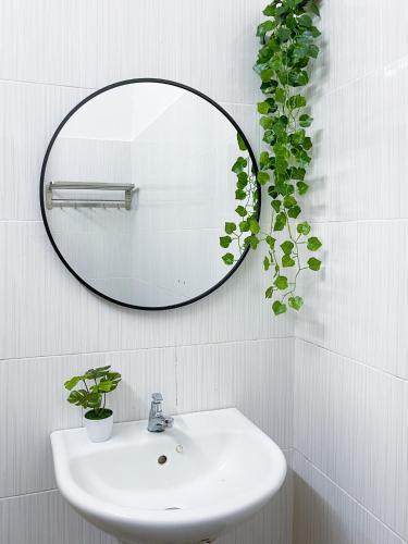 a bathroom sink with a mirror and a plant at Lake View 53 Heritage 4BR by LOUIS in Taiping