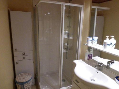 une salle de bain avec une douche, un lavabo et des toilettes dans l'établissement Maison 2 pièces + mezzanine, 4 couchages, piscine chauffée, proche mer, tennis - Bretignolles - FR-1-224A-145, à Bretignolles-sur-Mer
