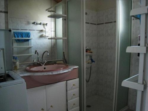 une salle de bain avec un lavabo et une douche dans l'établissement Maison à 300m de la plage avec jardin clos, terrasse, BBQ et 2 chambres - FR-1-224B-515, à LʼÉpine