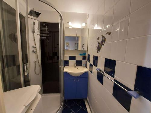 une salle de bain avec un lavabo et une douche avec un miroir dans l'établissement Charmant appartement T2 cabine, proche plage, commerces, parking privé, terrasse sud-est, 5 pers - FR-1-326-582, à Marseillan
