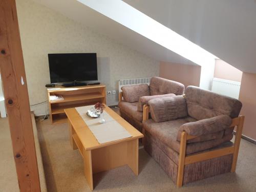 a living room with a couch and a tv at Hotel Zámeček na Čeladné in Čeladná