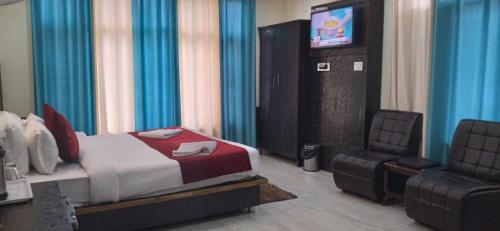 a bedroom with a bed and a tv and a chair at Marina Group of hotel Mountain View Free Parking-cricket stadium 9 km-Mcleodganj 2 km- Bhagsunag 4 in Dharamshala