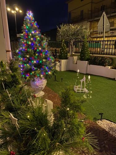 a christmas tree in a yard with christmas lights at La Dea Hestia in Bosa