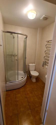 a bathroom with a shower and a toilet at Poilsio bazė Draugai in Daugai