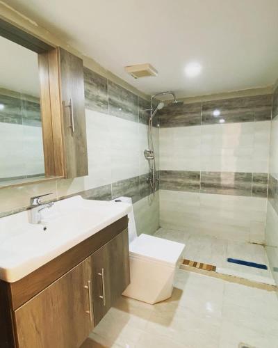 a bathroom with a shower and a toilet and a sink at Ammar Rum Camp and tours in Wadi Rum