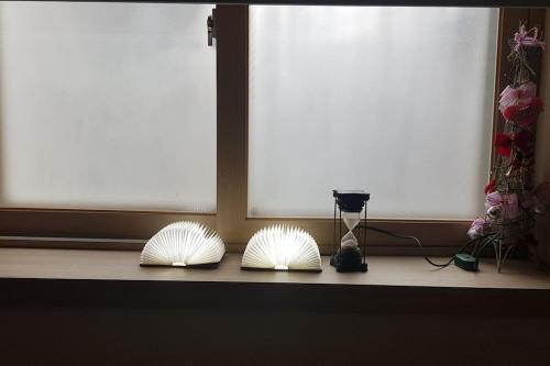 two white objects are sitting on a window sill at 미리내 호숫가 독채펜션 in Anseong