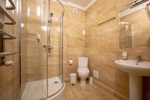 a bathroom with a shower and a toilet and a sink at Private Rooms in Hotel 3 поверх in Bukovel