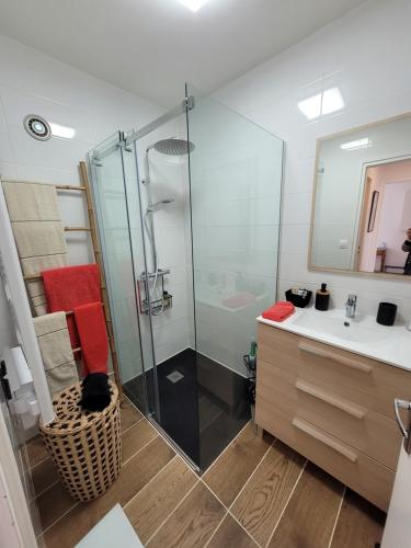 a bathroom with a glass shower and a sink at Havre de paix 4 étoiles, à 100 mètres de la plage in Saint-Georges-de-Didonne