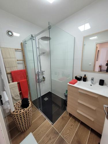 a bathroom with a glass shower and a sink at Havre de paix 4 étoiles, 2 pièces calme et lumineux à 100 mètres de la plage in Saint-Georges-de-Didonne
