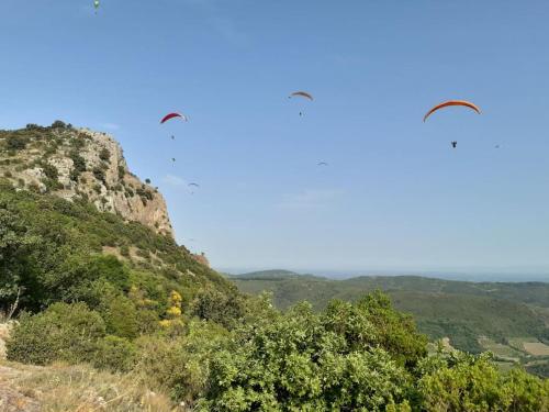 two birds flying in the sky over a mountain at KITOKO L'HERAULT gite close to SALAGOU Lake in Clermont-lʼHérault