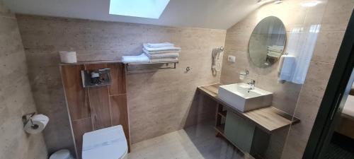 a bathroom with a sink and a toilet and a mirror at Casa Pe Vale in Râşnov