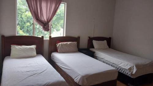 drie bedden in een kamer met een raam bij Jay's Guest House in Witbank