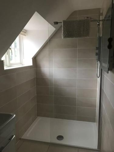 a shower with a glass door in a bathroom at Lane End Cottage, Ovington in Ovington