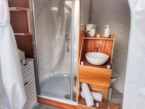 a small bathroom with a shower and a sink at Bulles gonflables Love Room - Love Home XO in Richemont