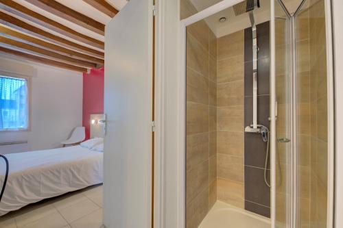 een badkamer met een douche en een bed in een kamer bij La Petite Maison appartement 1 in Avoine