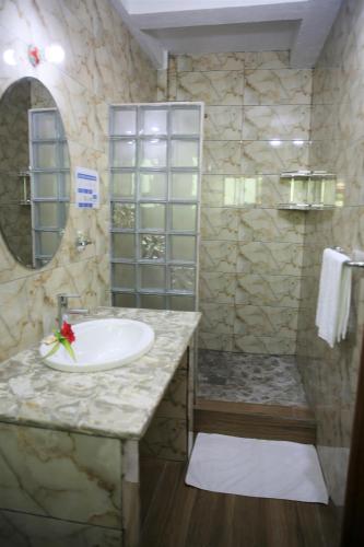 a bathroom with a sink and a mirror at Tannette Villa in La Digue