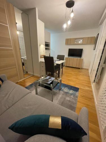 un salon avec un canapé et une table dans l'établissement Beau studio cosy entre Paris et Disneyland, à Villiers-sur-Marne