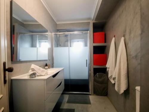 La salle de bains est pourvue d'un lavabo blanc et d'une douche. dans l'établissement Brisa apart t2, à Ovar