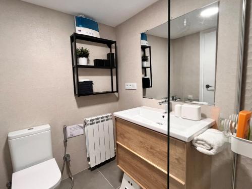 uma casa de banho com um lavatório, um WC e um espelho. em Fantástico apartamento con vistas en Esterri em Esterri d'Àneu