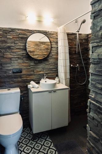 a bathroom with a toilet and a sink and a mirror at Ocean Suites in San Antonio Bay