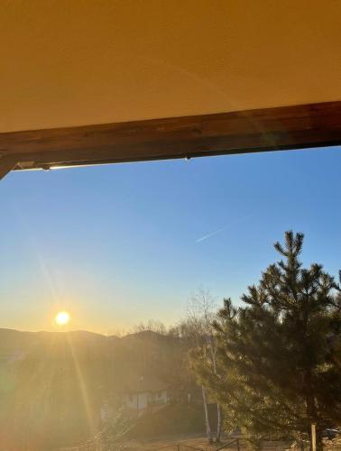 a window with a view of the sun and a tree at Vila Xenos Loft Karakter Zlatibor in Zlatibor