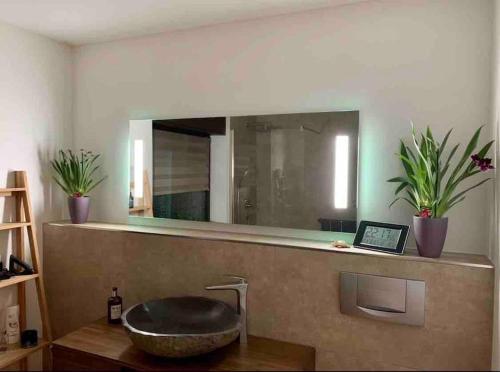a bathroom with a sink and a mirror at Moderne Ferienwohnung in bester Lage! in Bad Herrenalb