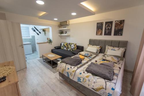 um quarto com uma cama e um sofá em Tanis Apartments em Niš