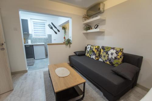ein Wohnzimmer mit einem schwarzen Sofa und einem Tisch in der Unterkunft Tanis Apartments in Niš