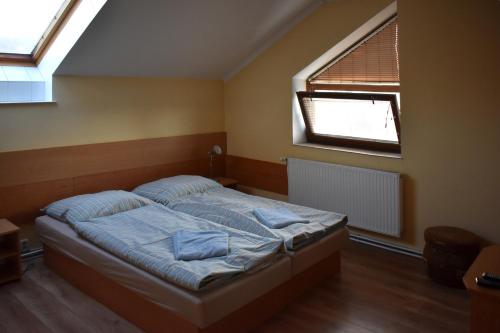 een bed in een kamer met een raam en een bed sidx sidx sidx bij Penzión Ivana in Bardejov