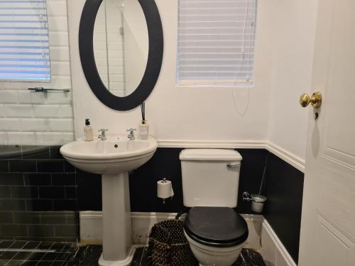 a bathroom with a sink and a toilet and a mirror at Smithgrove Guesthouse in Pietermaritzburg