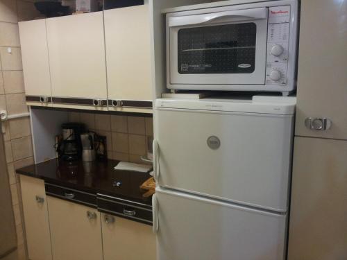 a microwave on top of a refrigerator in a kitchen at studio Superdévoluy in Le Dévoluy