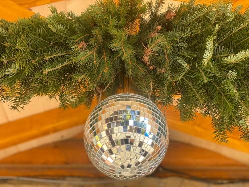 a disco ball hanging from a christmas tree at Високий Перевал, Bukovel in Yablunytsya