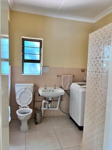 La salle de bains est pourvue de toilettes, d'un lavabo et d'une fenêtre. dans l'établissement At Bagley Tarrace house, à Johannesbourg