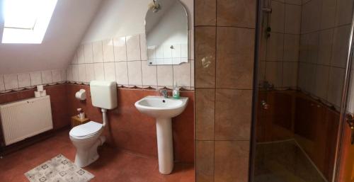 a bathroom with a toilet and a sink and a shower at Enikő Vendégház in Cernatu de Sus