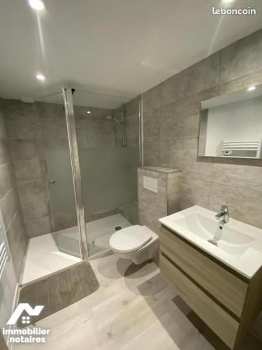 une salle de bain avec toilettes, lavabo et douche dans l'établissement Gite des falaises de Longues 8personnes, à Longues-sur-Mer