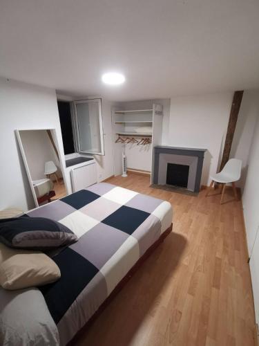 a bedroom with a large bed and a fireplace at Le loft jeanne in Orléans