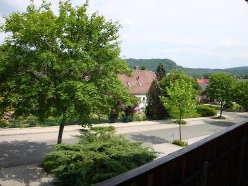 uma vista para uma rua com árvores e uma casa em Apartment-Pahl em Wolfshagen