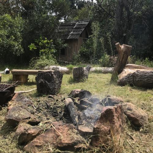 una hoguera en un patio con troncos y un banco en SidarmA, en Rocha