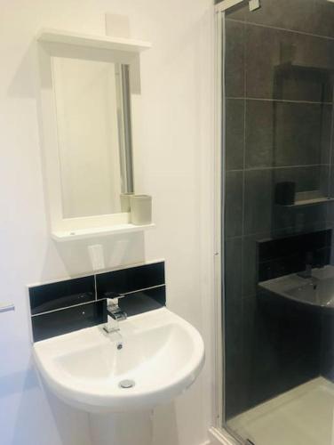 a bathroom with a sink and a mirror and a shower at Meadow Cottage. Pretty modern cottage close to Woolacombe and Lee in Ilfracombe