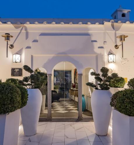 a house with three large white vases with plants in it at Hotel Villa Franca in Positano