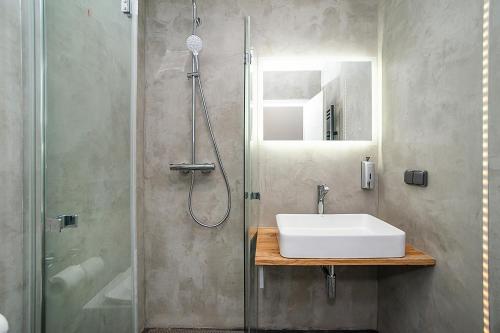 a bathroom with a sink and a shower at Big 4-bedroom flat, terrace with great Vítkov view in Prague
