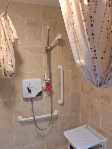 um chuveiro na casa de banho com uma cortina de chuveiro em Budget Double Room in City em Kilkenny