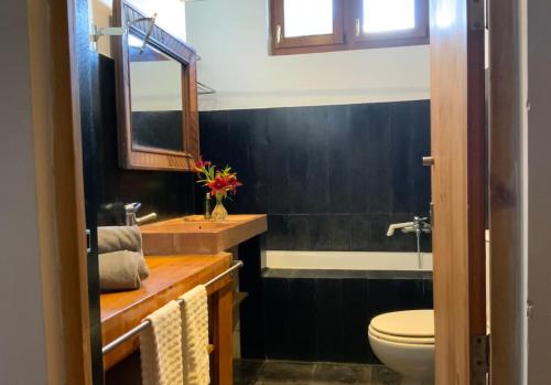 W łazience znajduje się umywalka, toaleta i lustro. w obiekcie Casa das abobadas, Beja centro w mieście Beja