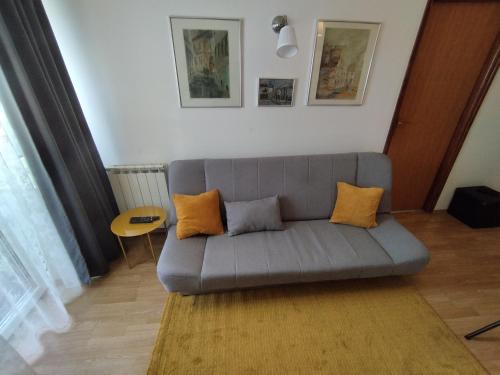 a living room with a gray couch with orange pillows at Studio Apartment TIM in Zagreb