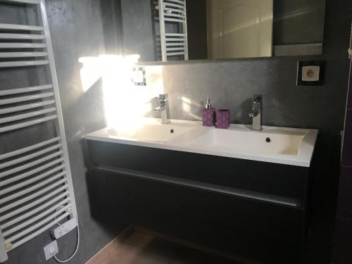 uma casa de banho com um lavatório branco e um espelho. em Résidence privée calme 15 min à pied du centre parking gratuit em Arles