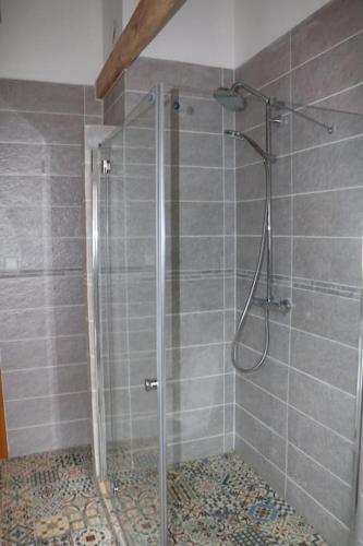 a shower with a glass door in a bathroom at Klasztor 5 Borowy Mlyn in Lipnica